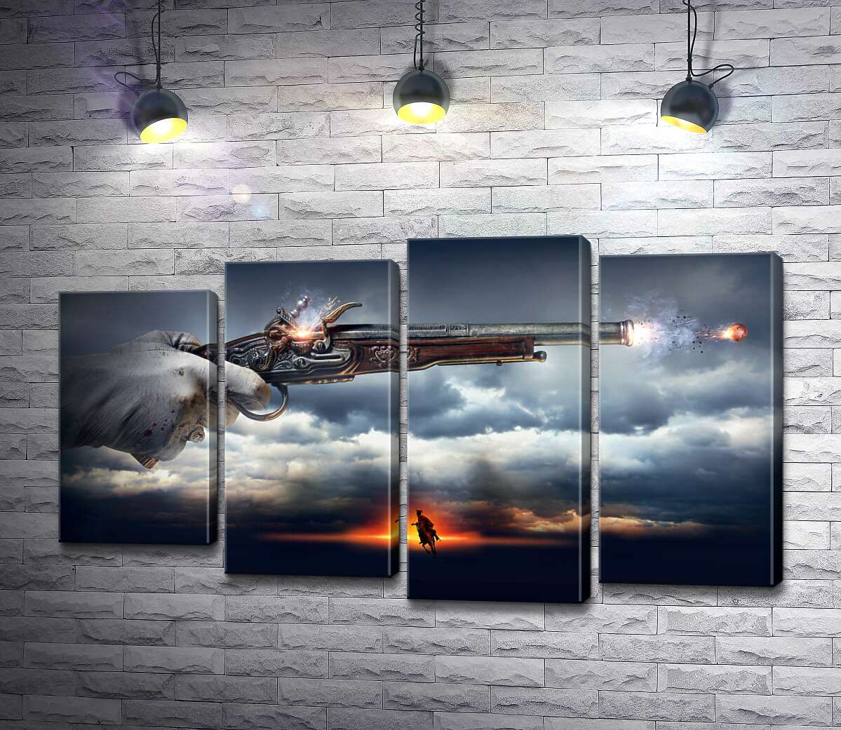 

Модульная картина ArtPoster Кавалер стреляет из пистолета на фоне грозовых облаков 80x48 см Модуль №21
