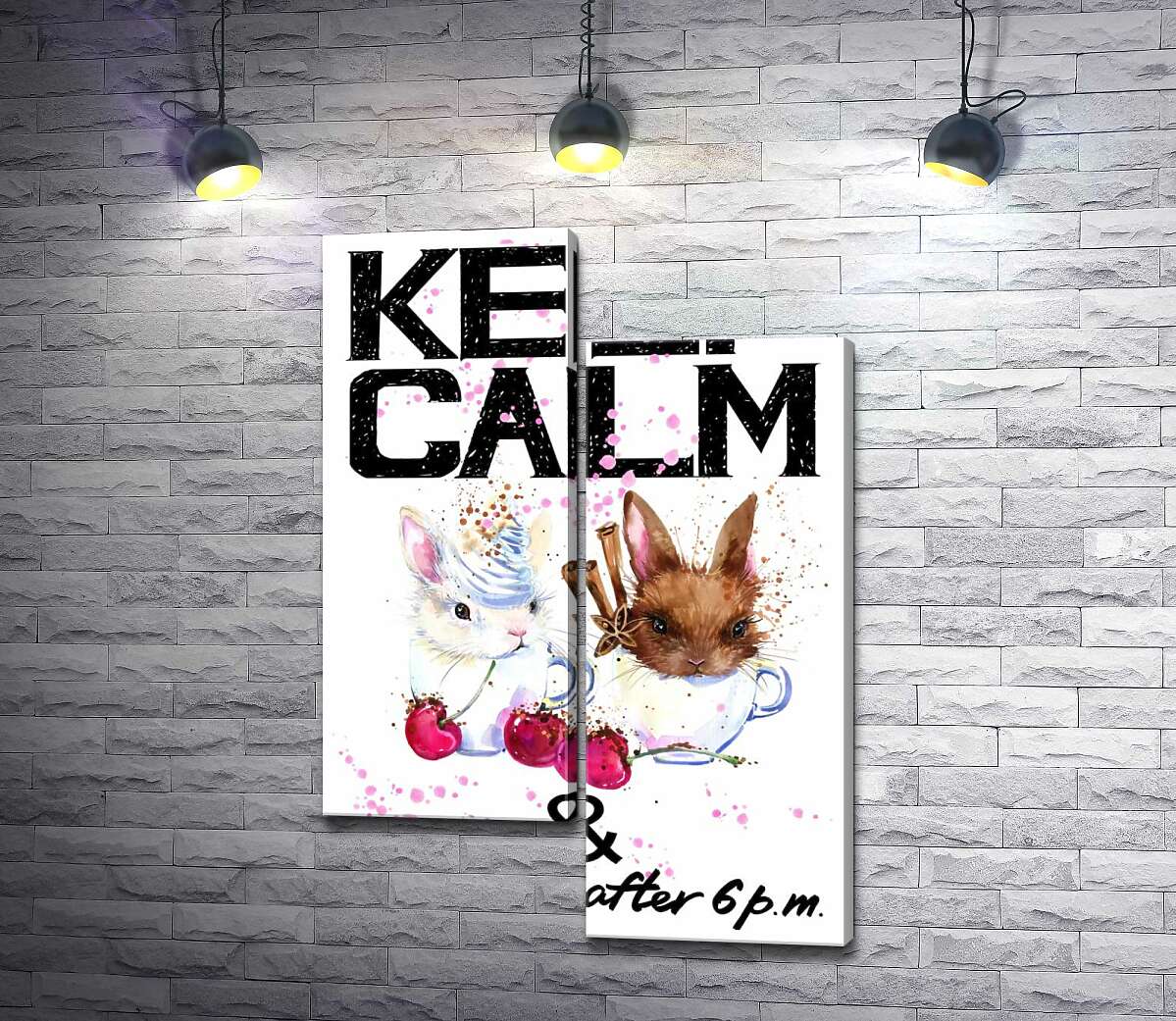 

Модульная картина ArtPoster Зайцы в чашках с кофе между надписью "keep calm and don't eat after 6 p.m." 50x74 см Модуль №5