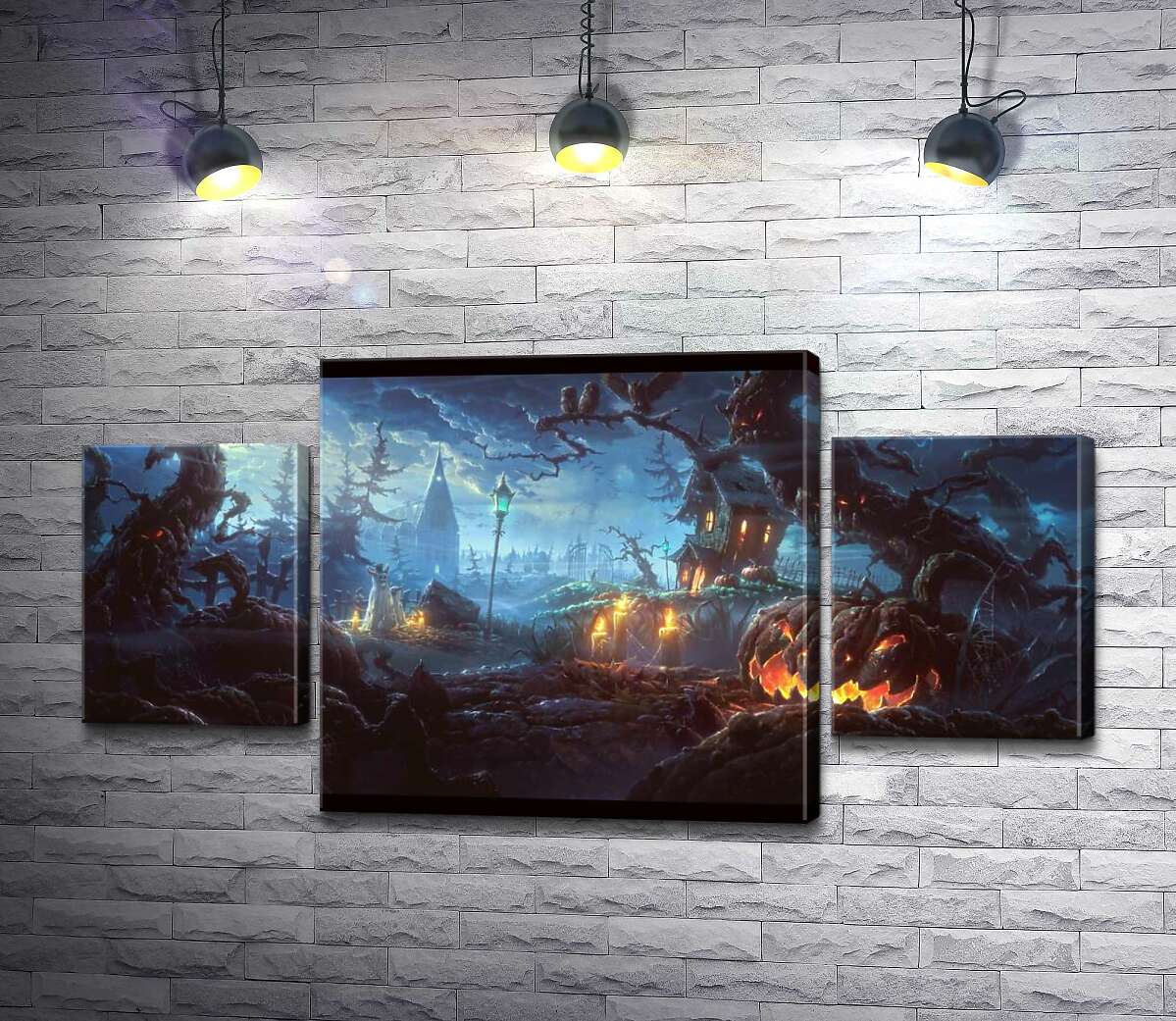 

Модульная картина ArtPoster Жуткая атмосфера Хэллоуина : злая тыква, среди деревьев-монстров на могилах за старым поместьем 80x44 см Модуль №7