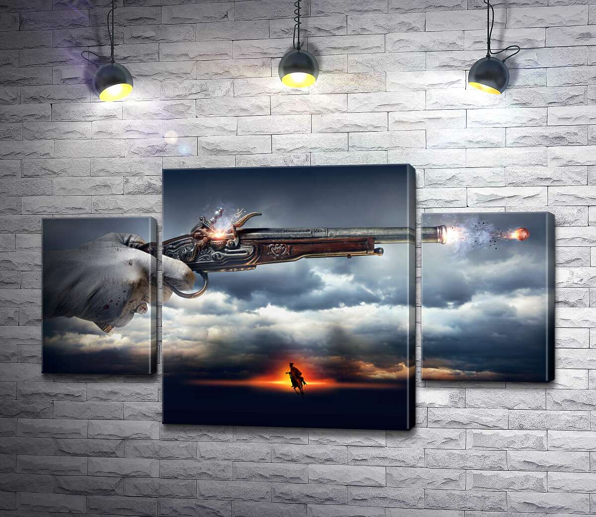 

Модульная картина ArtPoster Кавалер стреляет из пистолета на фоне грозовых облаков 80x48 см Модуль №7