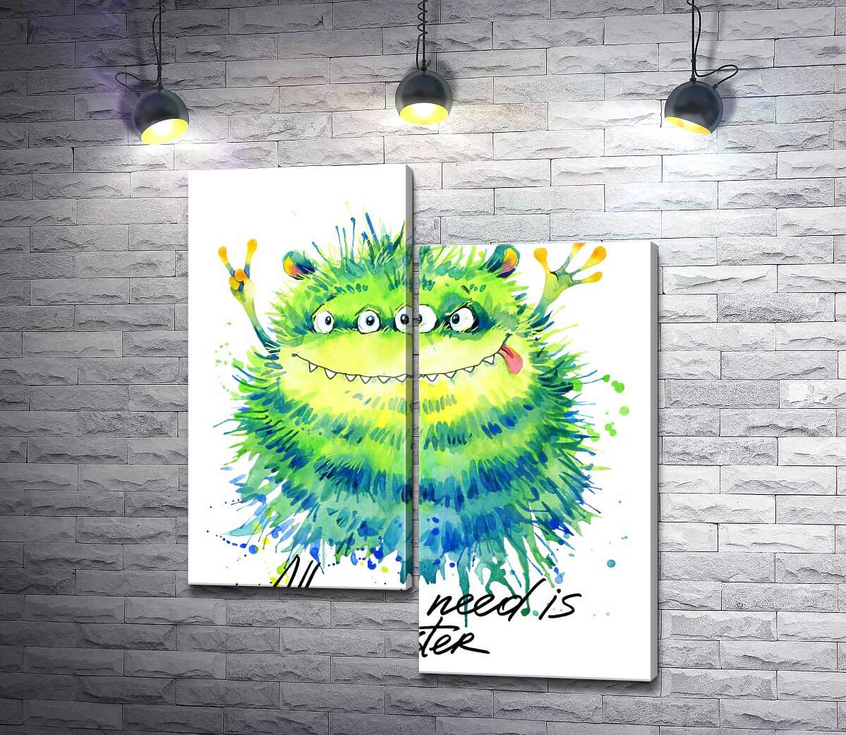 

Модульная картина ArtPoster Зеленый четырехглазый монстр с надписью "all you need is monster" 50x60 см Модуль №5