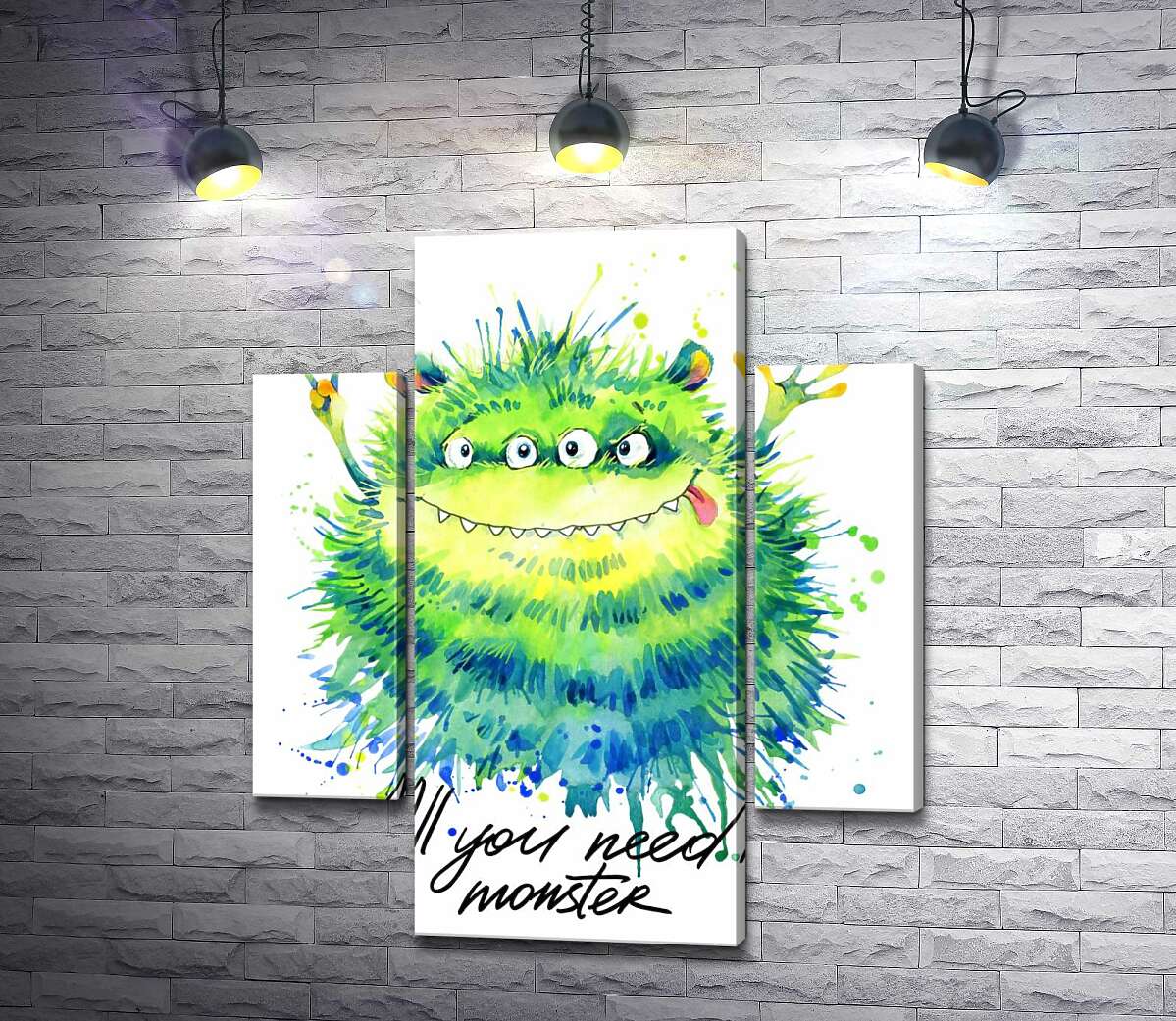 

Модульная картина ArtPoster Зеленый четырехглазый монстр с надписью "all you need is monster" 100x119 см Модуль №7