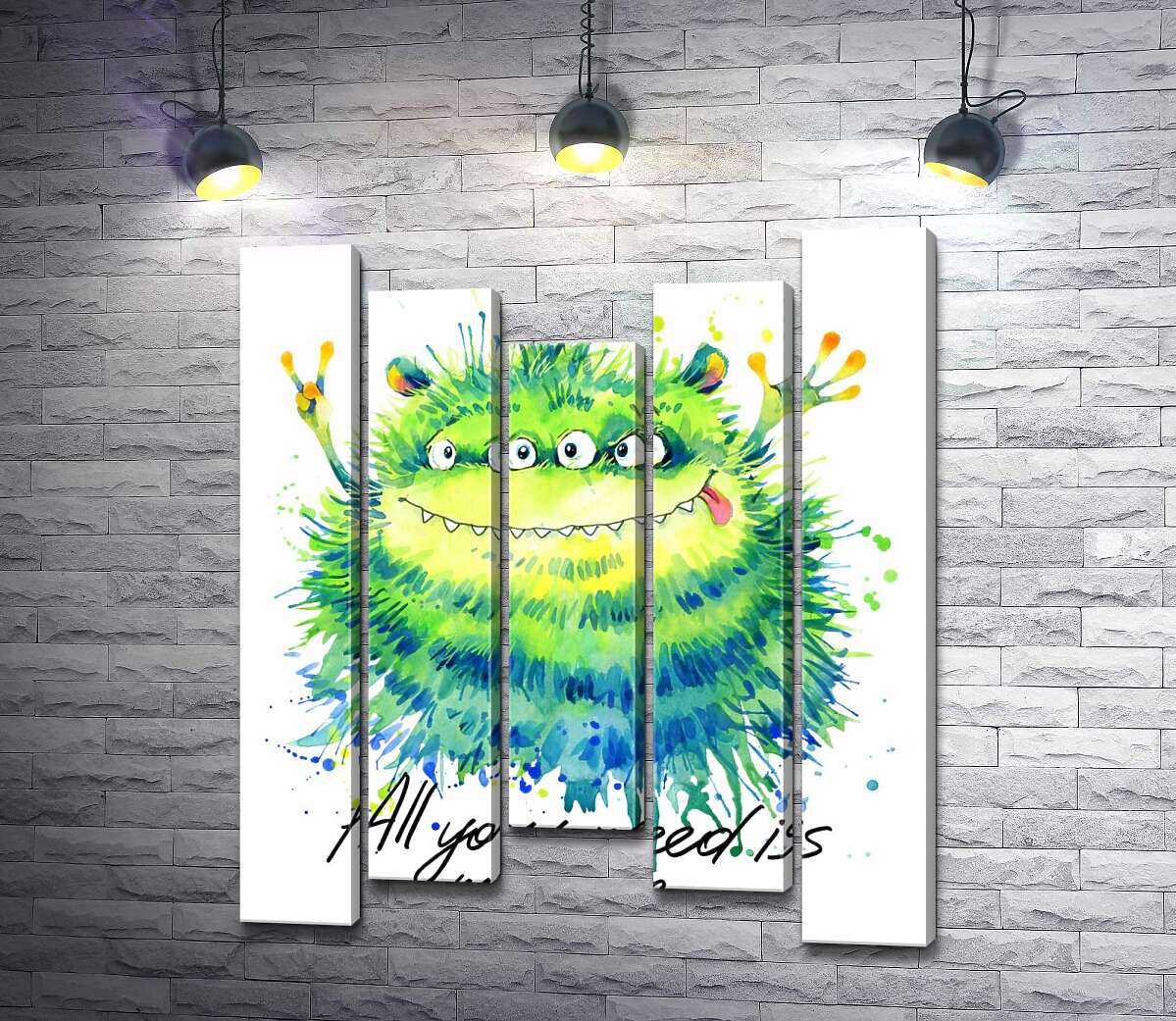 

Модульная картина ArtPoster Зеленый четырехглазый монстр с надписью "all you need is monster" 100x120 см Модуль №28