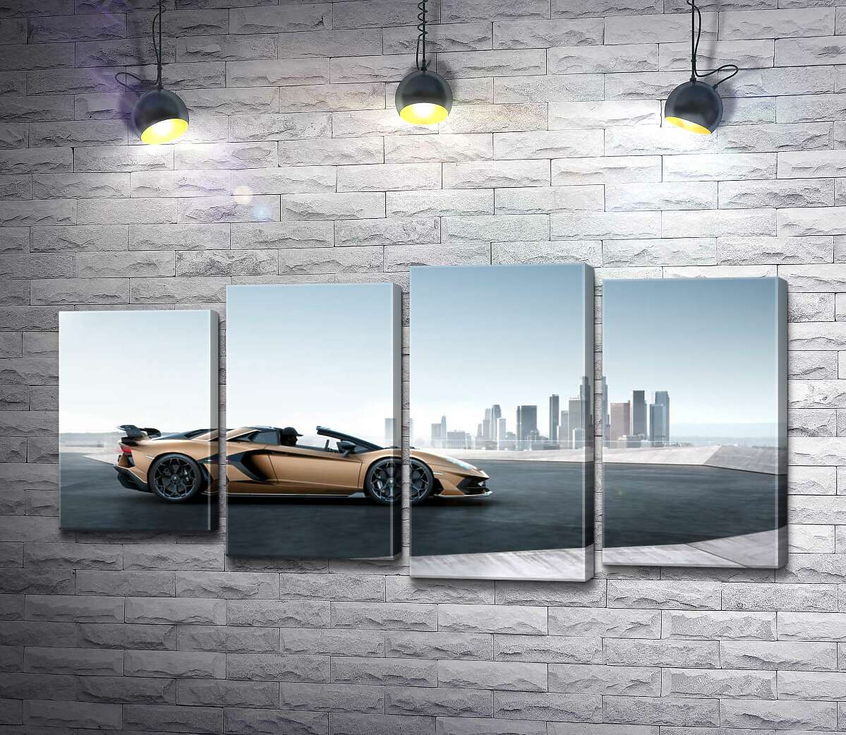 

Модульная картина ArtPoster Золотой автомобиль Ламборгини (Lamborghini Aventador) с черными элементами 132x66 см Модуль №21