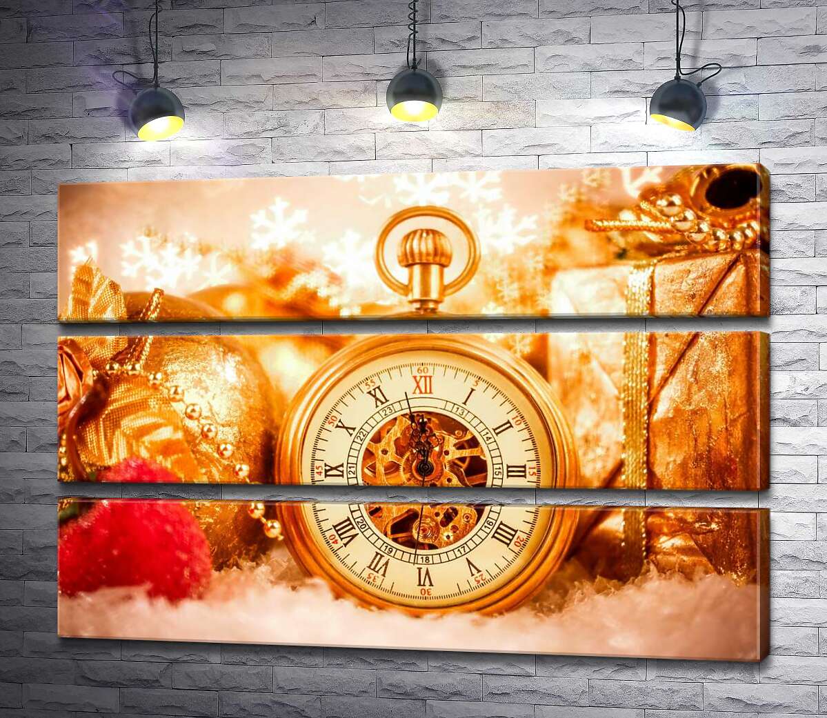 

Модульная картина ArtPoster За пять минут до Нового года на золотых часах среди подарков и игрушек 130x87 см Модуль №13
