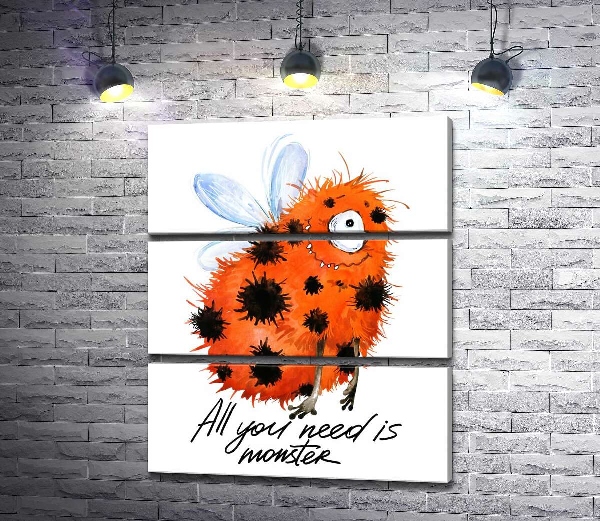 

Модульная картина ArtPoster Красный пятнистый монстр с крыльями и надписью "all you need is monster" 100x120 см Модуль №13