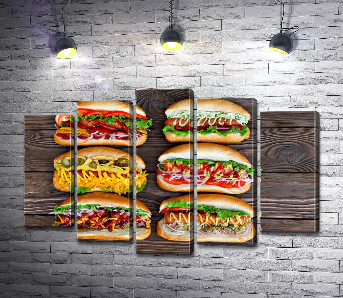 

Модульная картина ArtPoster Красочные разновидности вкусных хот-догов 130x86 см Модуль №26