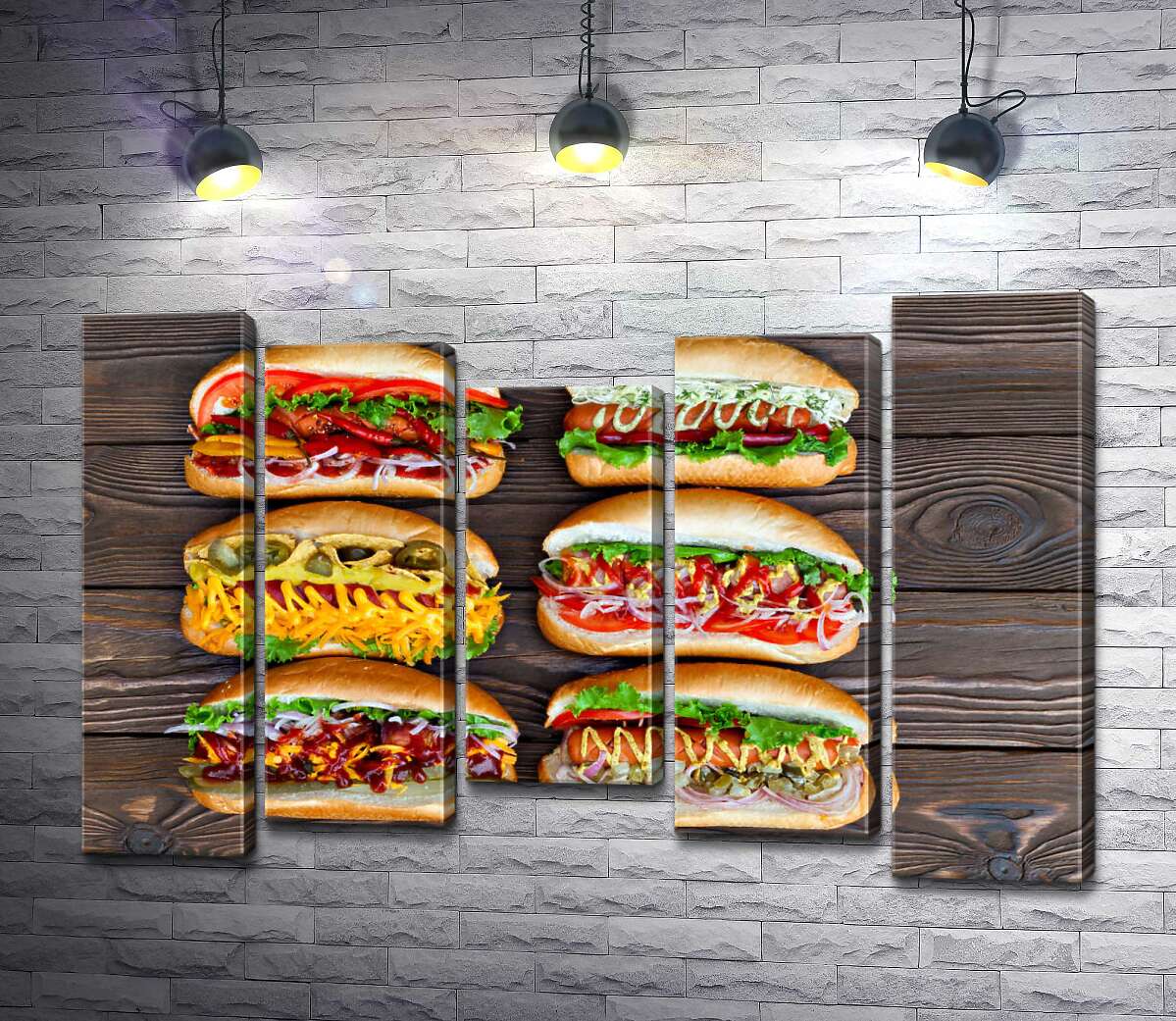 

Модульная картина ArtPoster Красочные разновидности вкусных хот-догов 130x86 см Модуль №28