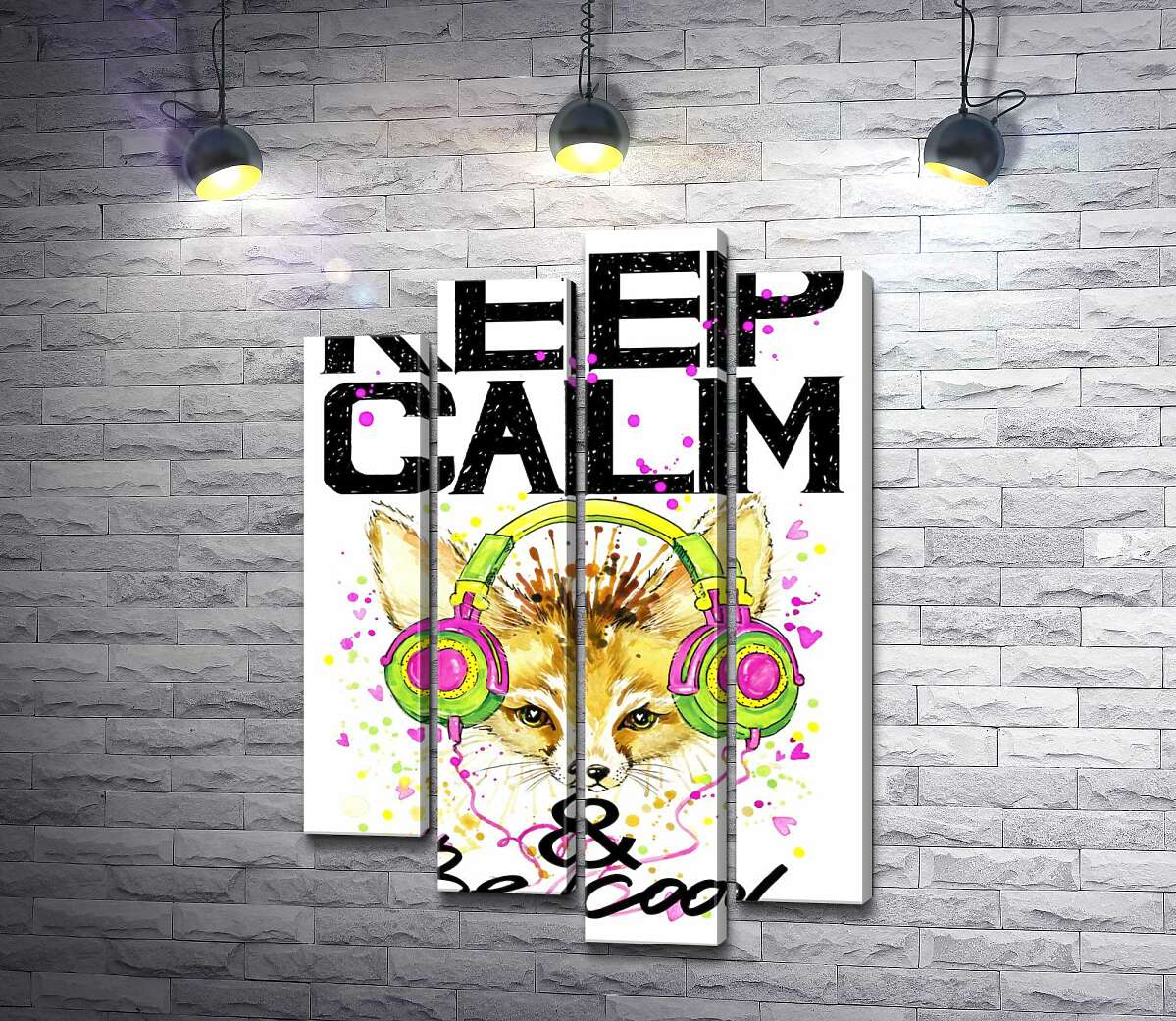 

Модульная картина ArtPoster Лиса фенек в наушниках среди надписи "keep calm and be cool" 80x118 см Модуль №21