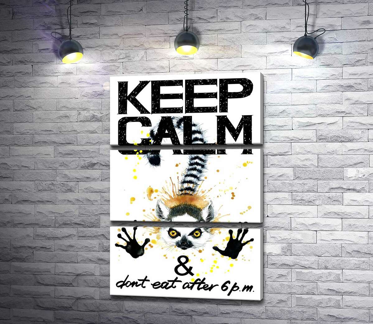 

Модульная картина ArtPoster Лемур тянет лапы вперед под надписью "keep calm and don't eat after 6 p.m." 100x147 см Модуль №13