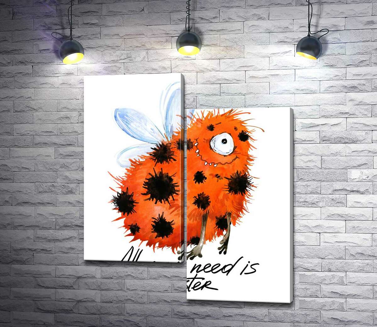 

Модульная картина ArtPoster Красный пятнистый монстр с крыльями и надписью "all you need is monster" 130x155 см Модуль №5