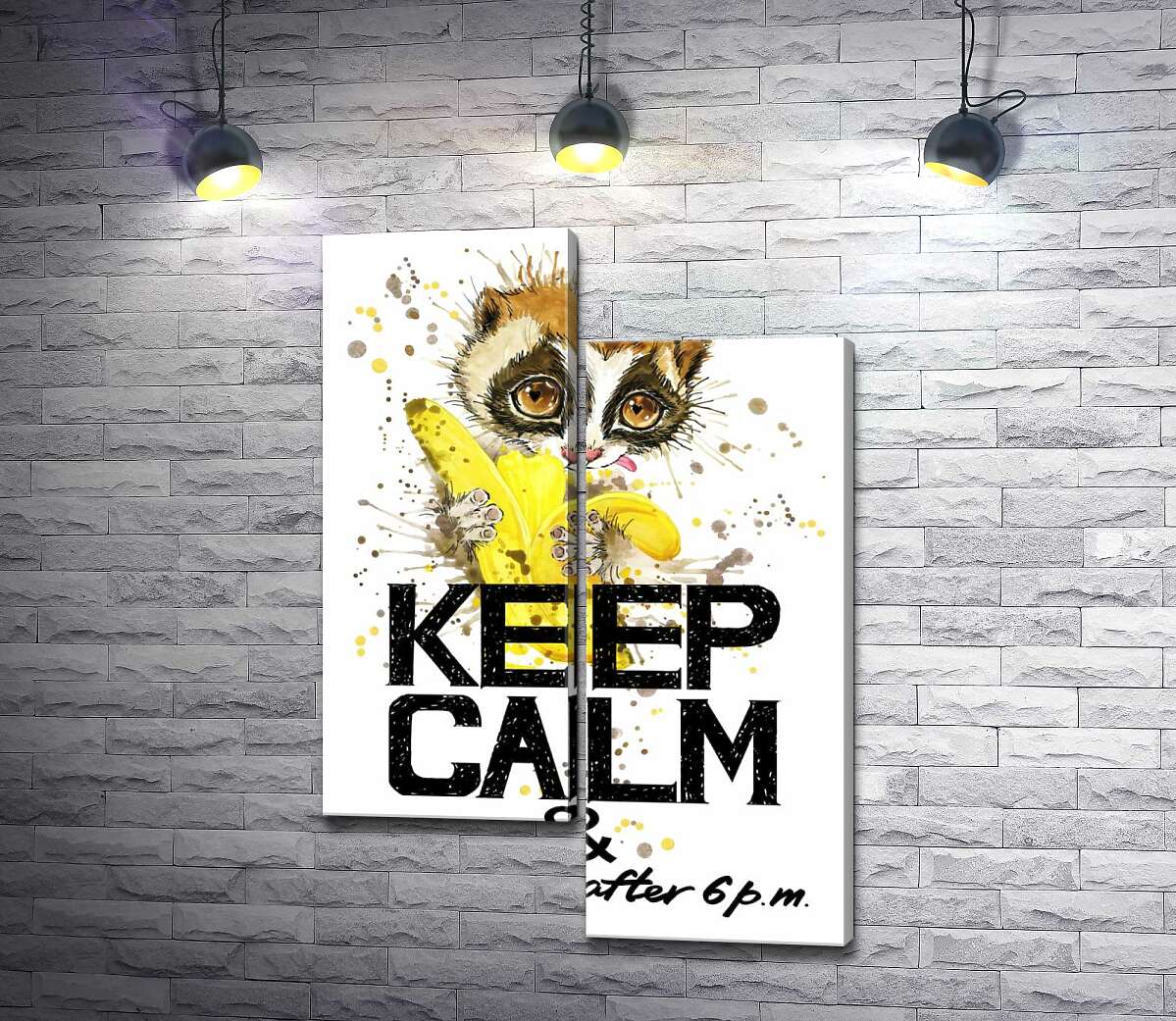 

Модульная картина ArtPoster Маленький лемур ест банан над надписью "keep calm and don't eat after 6 p.m." 130x191 см Модуль №5