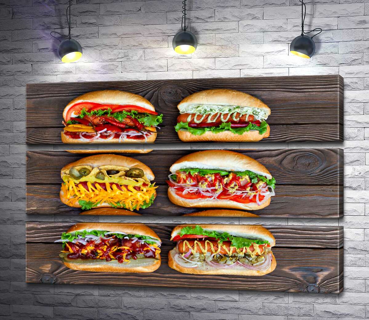 

Модульная картина ArtPoster Красочные разновидности вкусных хот-догов 100x66 см Модуль №13