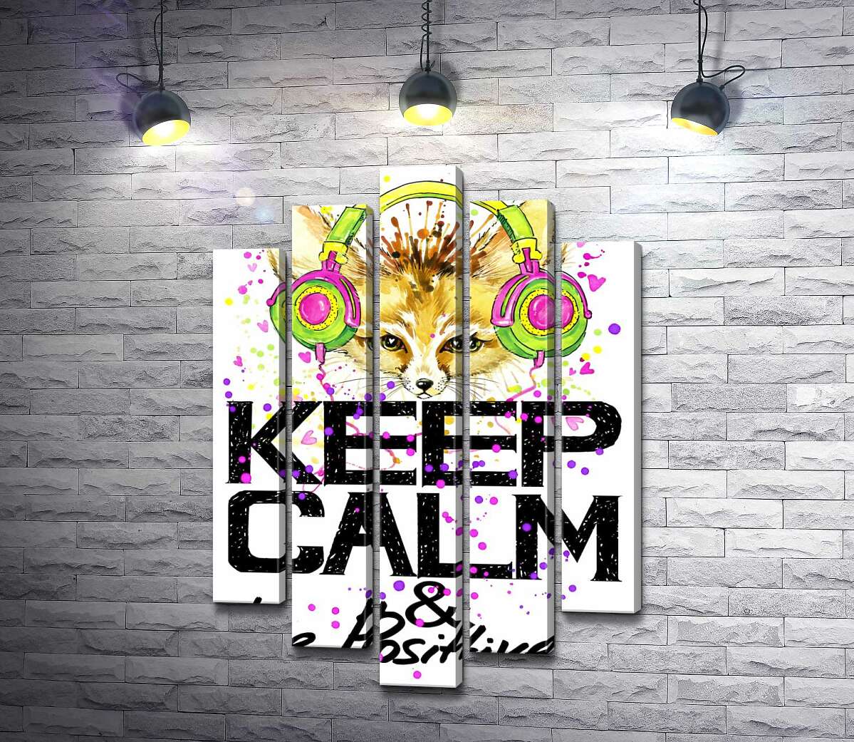 

Модульная картина ArtPoster Лиса фенек в ярких наушниках над надписью "keep calm and be positive" 100x148 см Модуль №26