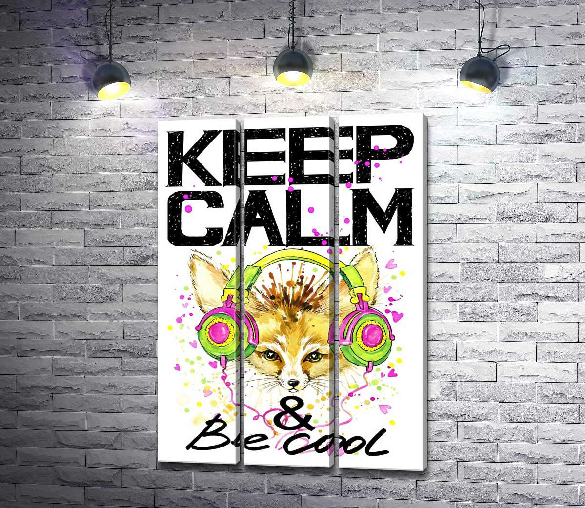 

Модульная картина ArtPoster Лиса фенек в наушниках среди надписи "keep calm and be cool" 102x146 см Модуль №11