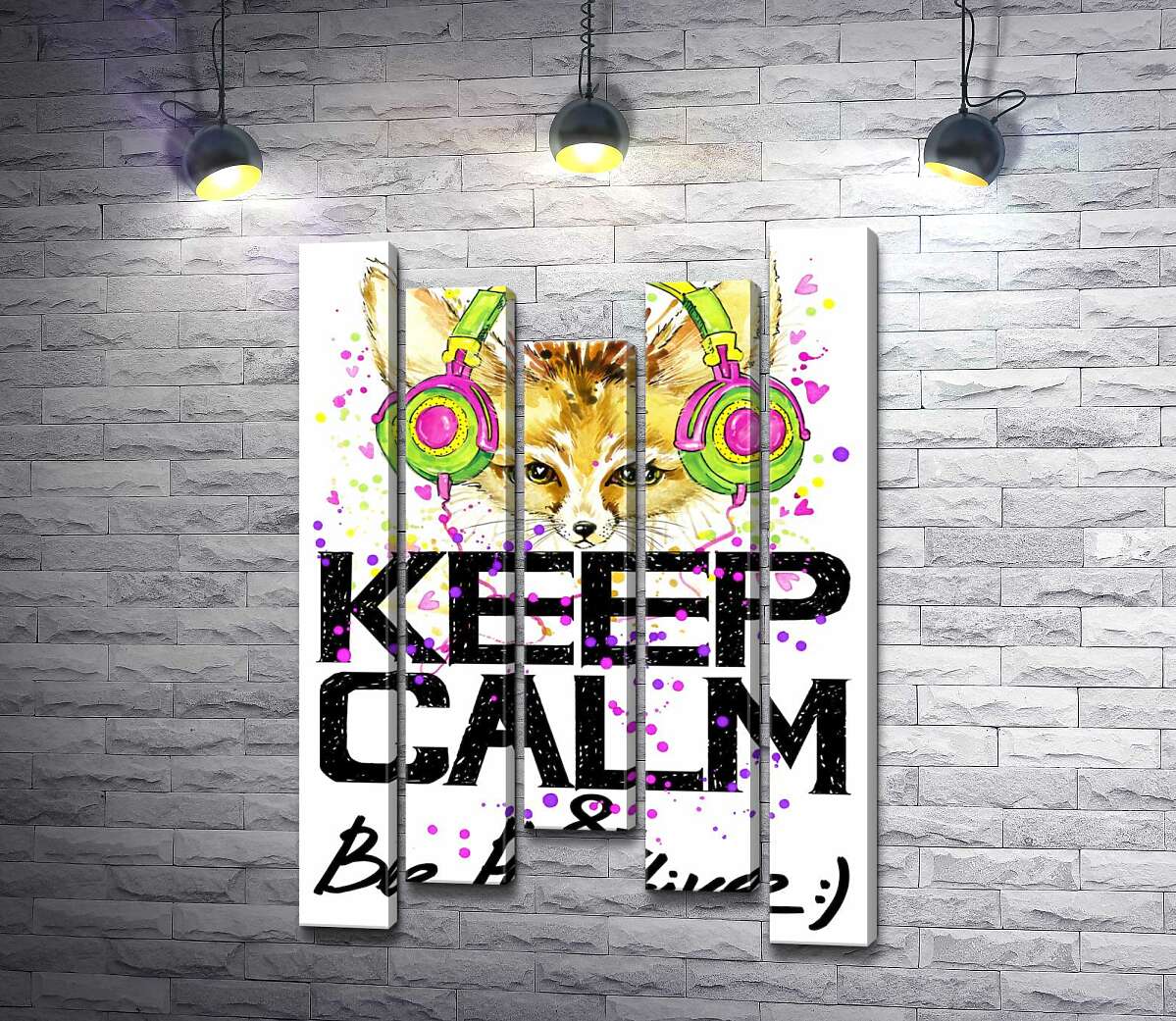 

Модульная картина ArtPoster Лиса фенек в ярких наушниках над надписью "keep calm and be positive" 100x148 см Модуль №28