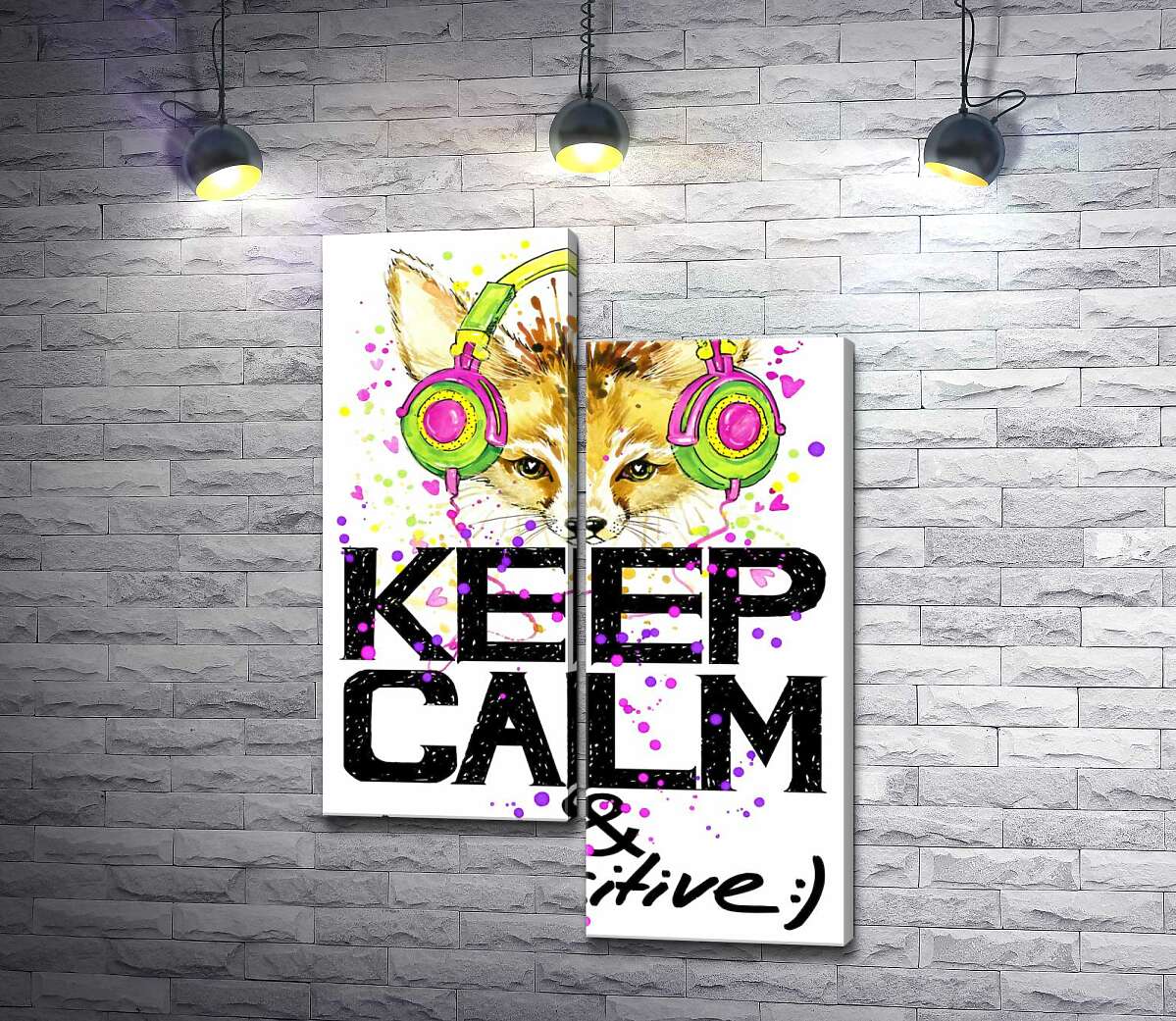 

Модульная картина ArtPoster Лиса фенек в ярких наушниках над надписью "keep calm and be positive" 50x74 см Модуль №5