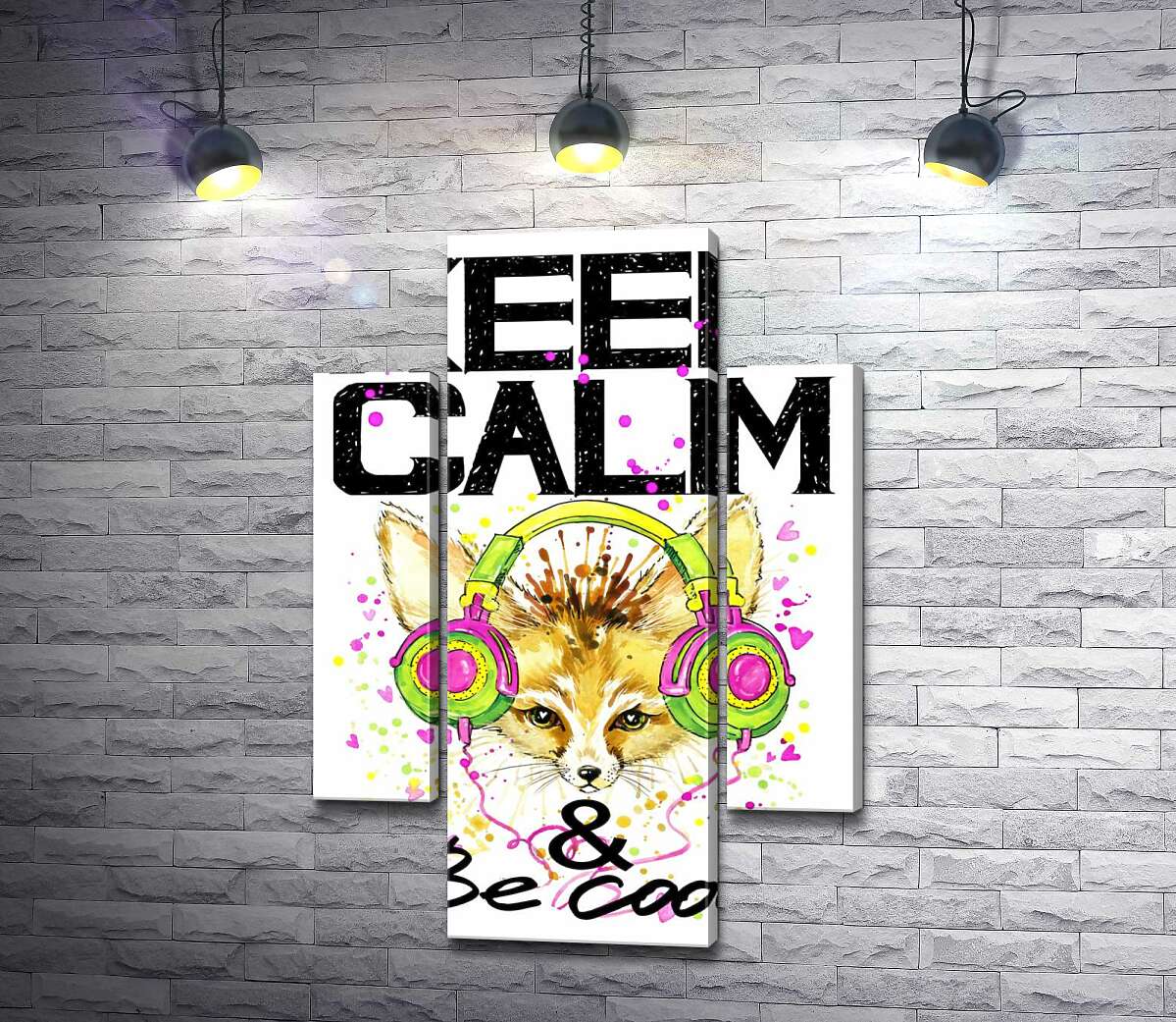 

Модульная картина ArtPoster Лиса фенек в наушниках среди надписи "keep calm and be cool" 80x119 см Модуль №7