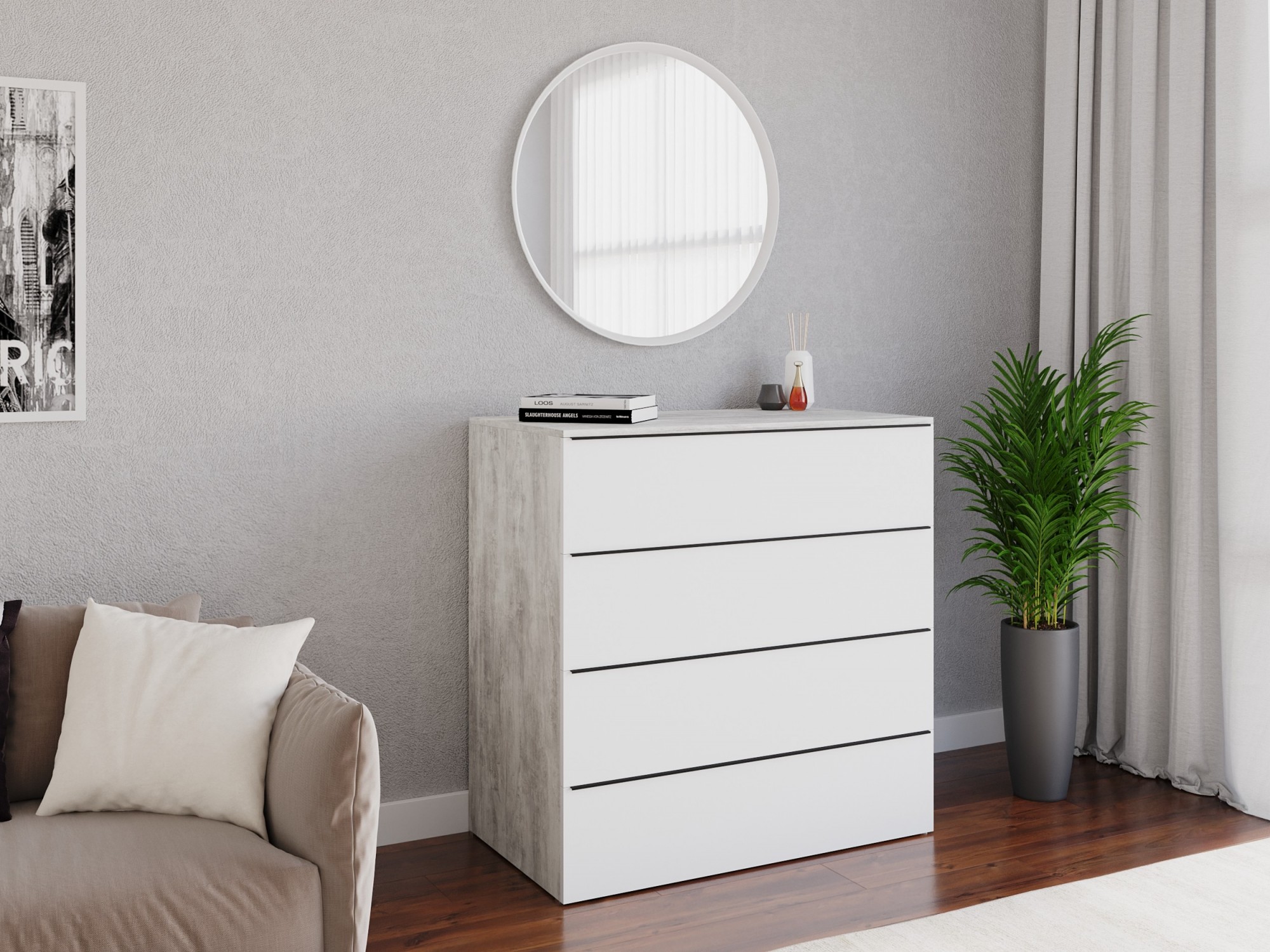 

Комод на 4 ящика без ручек Moreli TX-4 Ш 1000 / В 1014 / Г 544 Бетон-Белый
