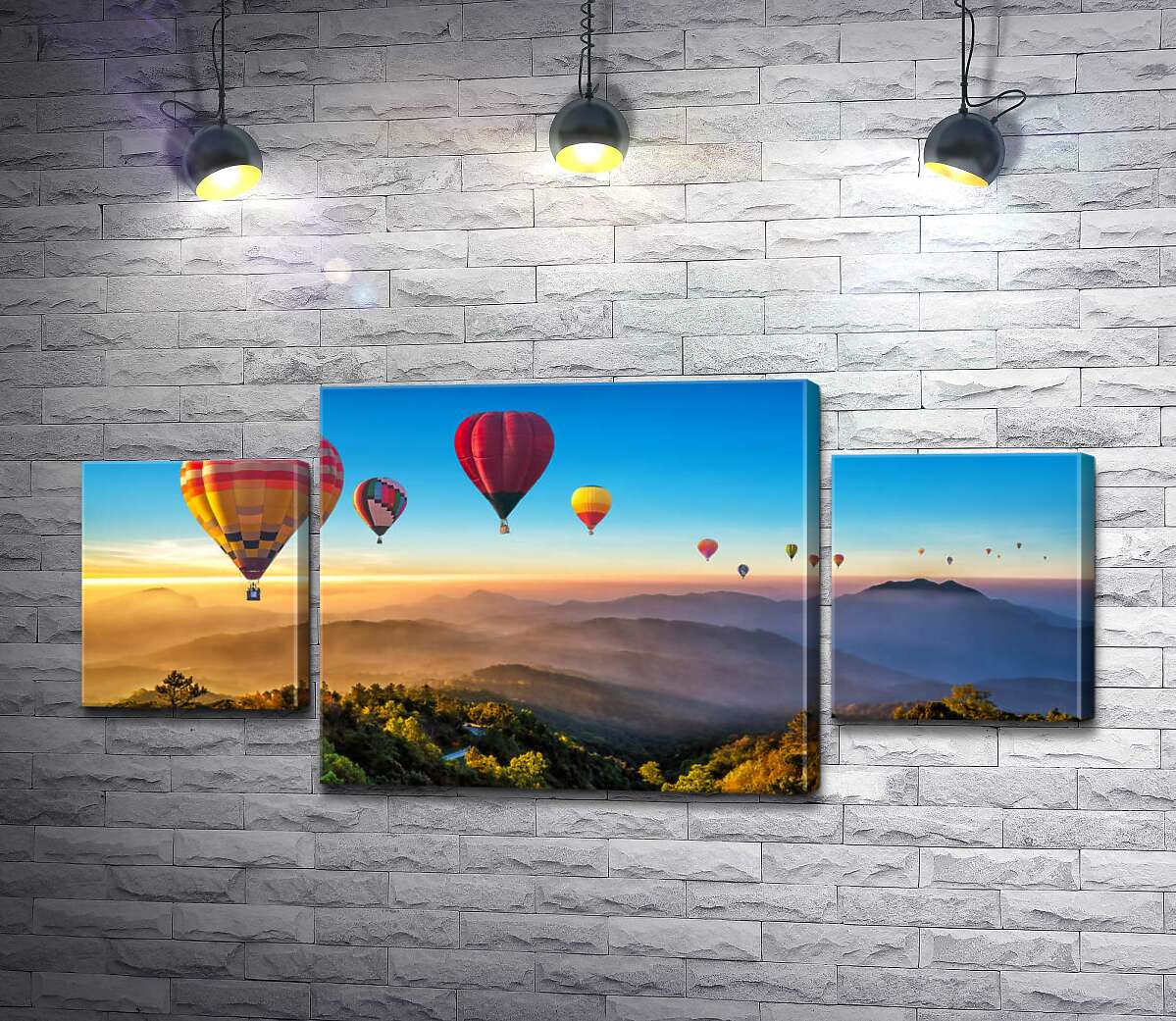 

Модульная картина ArtPoster Ожерелье из воздушных шаров летит над туманными холмами в лучах утреннего солнца 100x48 см Модуль №7