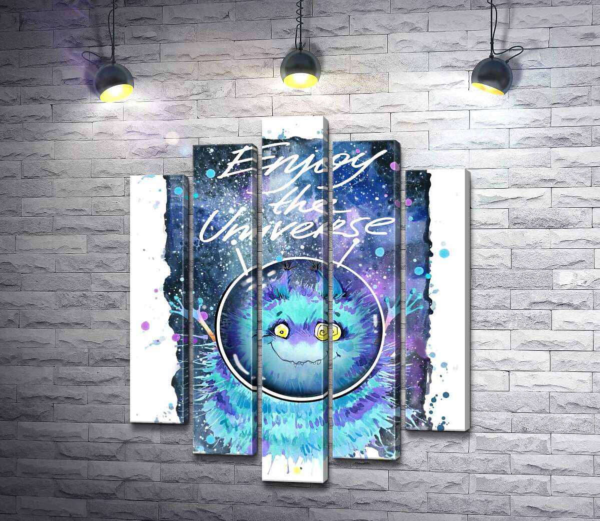 

Модульная картина ArtPoster Монстр с голубой шерстью летает в космосе с надписью "Enjoy the Universe" 100x130 см Модуль №26
