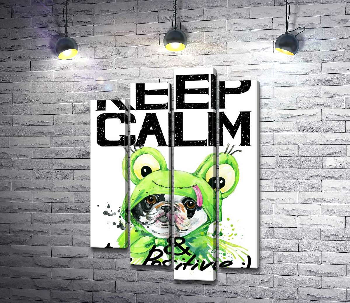 

Модульная картина ArtPoster Мопс в зеленом костюме лягушки под надписью "keep calm and be positive" 100x147 см Модуль №21