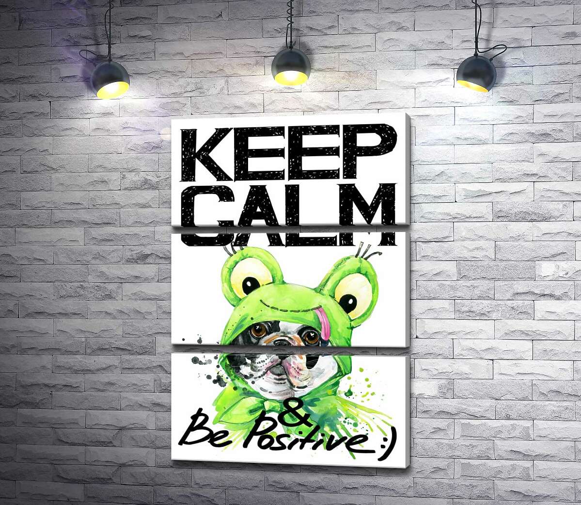 

Модульная картина ArtPoster Мопс в зеленом костюме лягушки под надписью "keep calm and be positive" 130x192 см Модуль №13