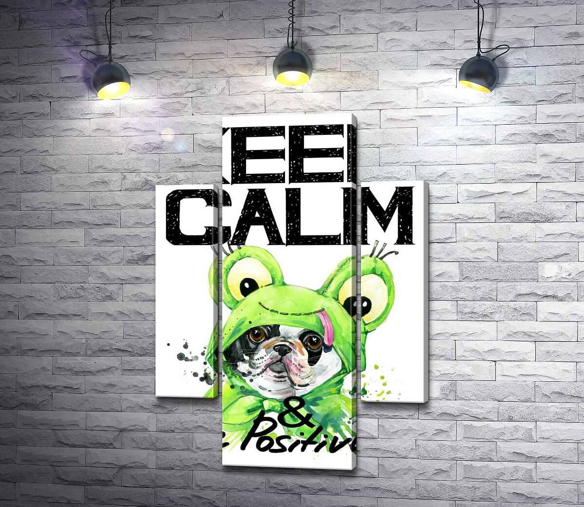 

Модульная картина ArtPoster Мопс в зеленом костюме лягушки под надписью "keep calm and be positive" 131x190 см Модуль №7