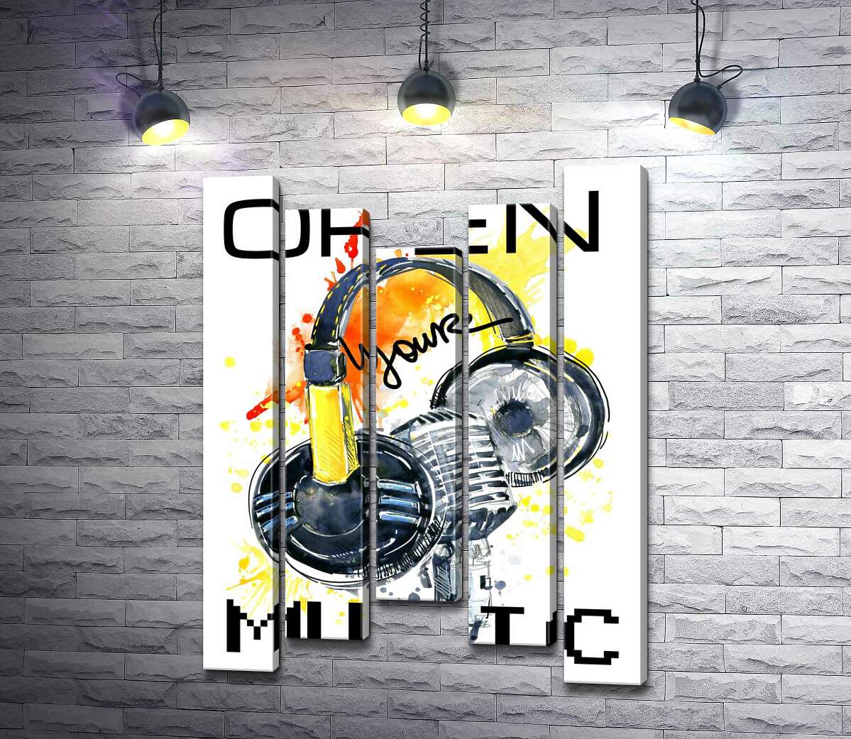 

Модульная картина ArtPoster Наушники и микрофон на оранжевом фоне с надписью "open your music" 130x179 см Модуль №28