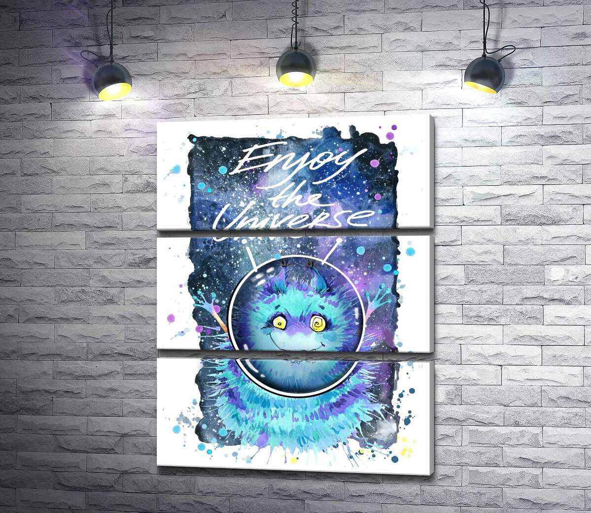

Модульная картина ArtPoster Монстр с голубой шерстью летает в космосе с надписью "Enjoy the Universe" 100x129 см Модуль №13
