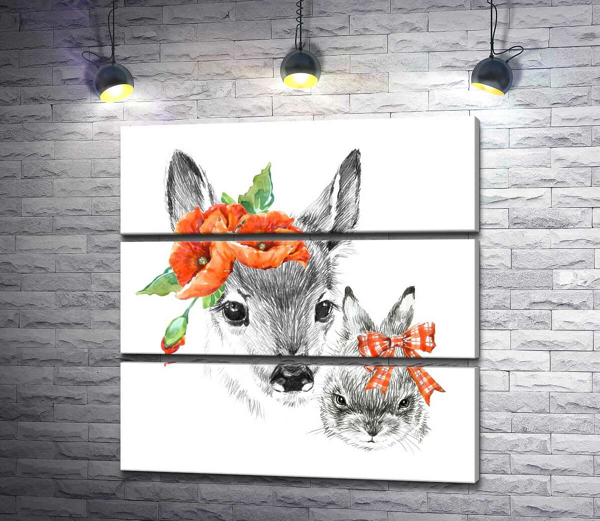 

Модульная картина ArtPoster Олененок с маками возле уха и зайчик с бантиком 60x60 см Модуль №13