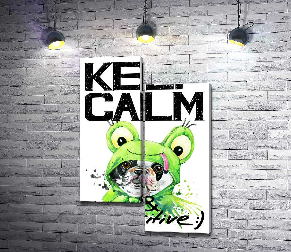 

Модульная картина ArtPoster Мопс в зеленом костюме лягушки под надписью "keep calm and be positive" 50x74 см Модуль №5