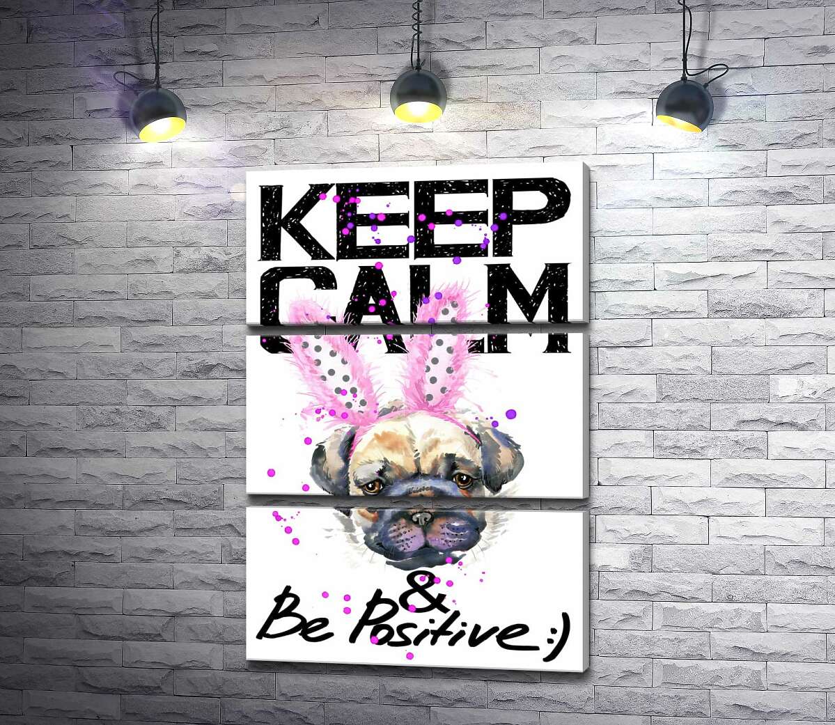 

Модульная картина ArtPoster Мопс с розовыми ушками зайца и надписью "keep calm and be positive" 130x192 см Модуль №13