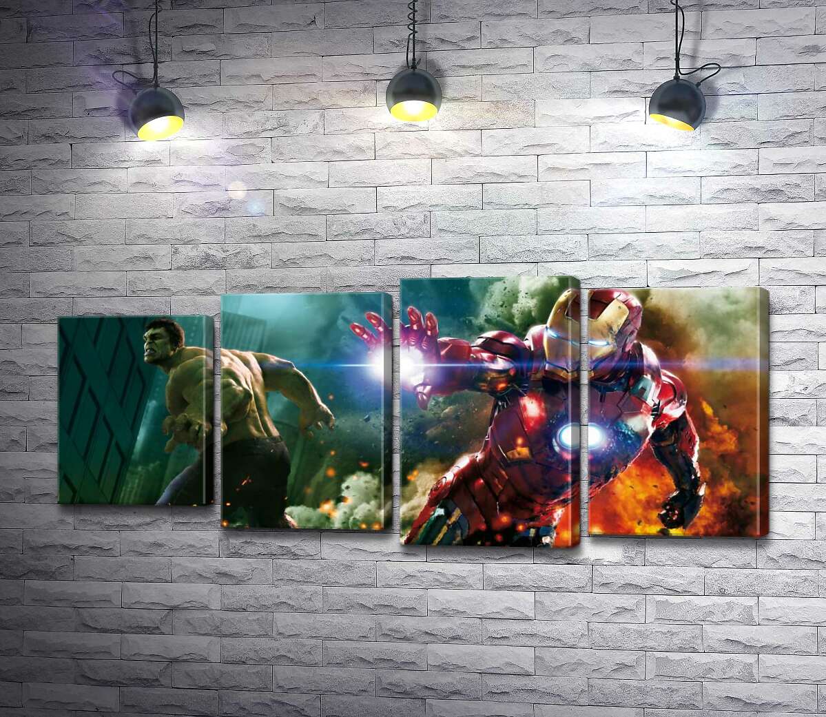 

Модульная картина ArtPoster Непобедимые Халк (Hulk) и Железный человек (Iron Man) в фильме "Мстители" (The Avengers) 132x59 см Модуль №21