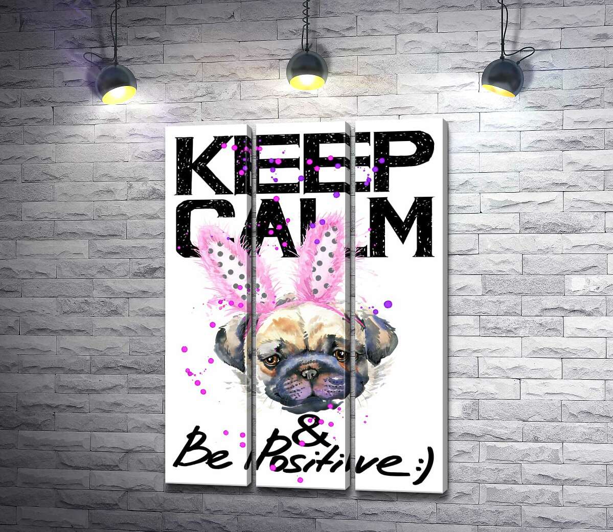 

Модульная картина ArtPoster Мопс с розовыми ушками зайца и надписью "keep calm and be positive" 102x146 см Модуль №11