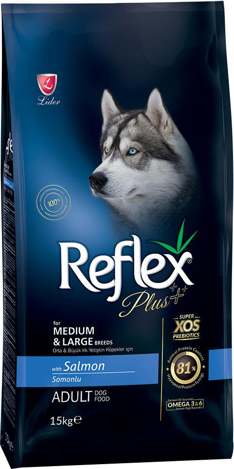 

Полноценный и сбалансированный сухой корм Reflex Plus для собак средних и больших пород с лососем 15 кг