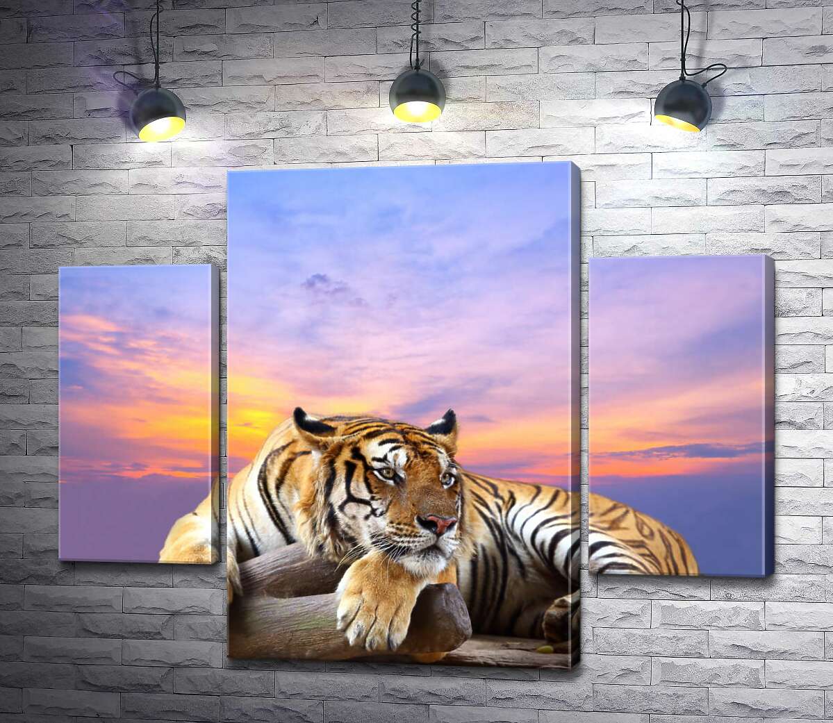 

Модульная картина ArtPoster Полосатый тигр мирно лежит на камне под переливами вечернего неба 131x104 см Модуль №7