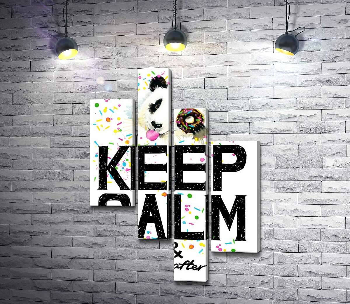 

Модульная картина ArtPoster Панда с мягким донатсом над надписью "keep calm and don't eat after 6 p.m." 100x147 см Модуль №20