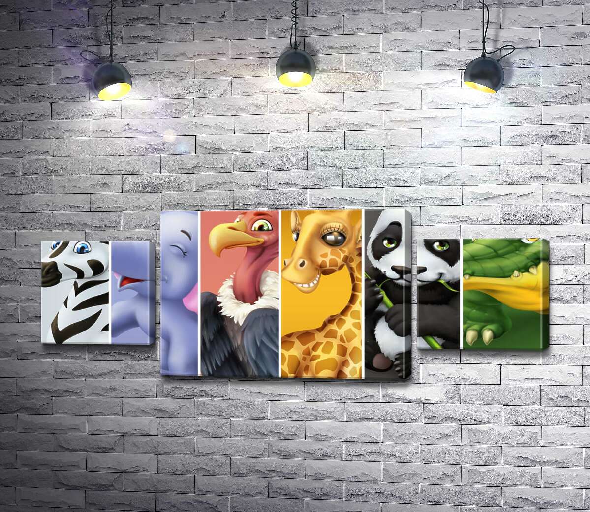 

Модульная картина ArtPoster Портреты животных: зебра, слон, гриф, жираф, панда, крокодил 88x34 см Модуль №7