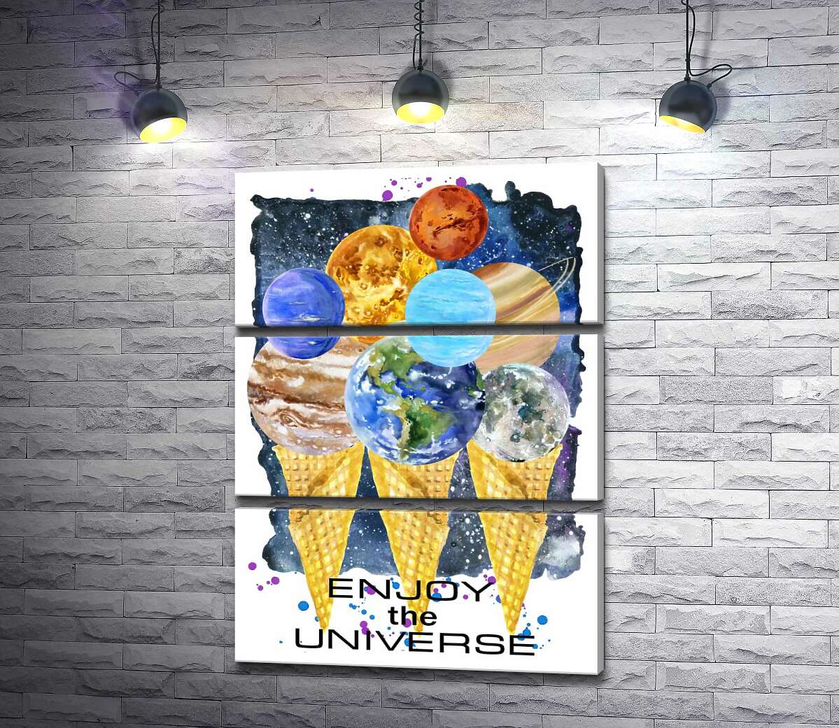 

Модульная картина ArtPoster Планеты Солнечной системы собрались на рожках мороженого с надписью "enjoy the universe" 50x69 см Модуль №13