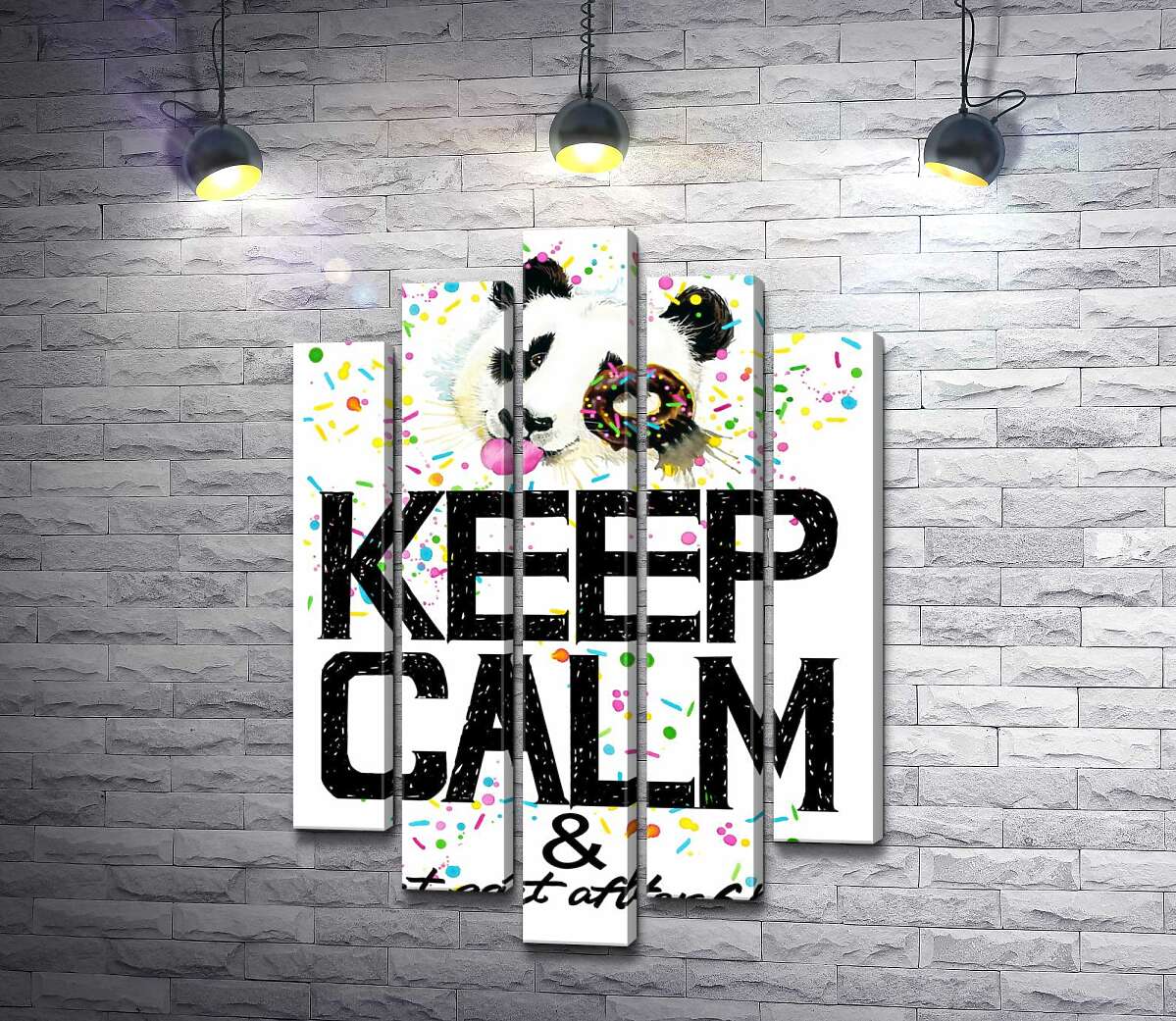 

Модульная картина ArtPoster Панда с мягким донатсом над надписью "keep calm and don't eat after 6 p.m." 130x192 см Модуль №26