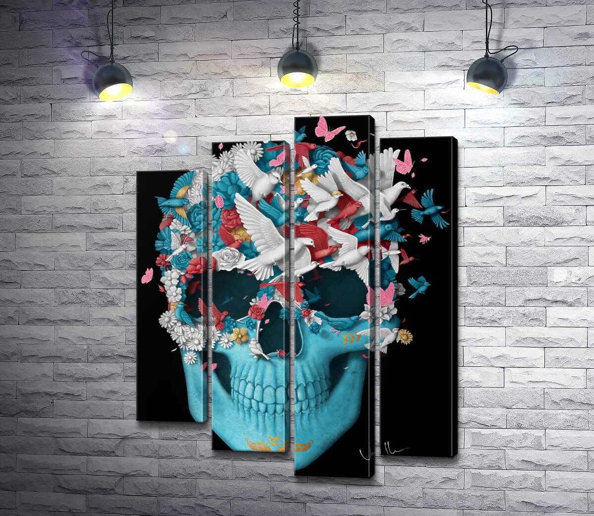 

Модульная картина ArtPoster Полет птиц сквозь цветочное поле на голубом черепе 132x170 см Модуль №21