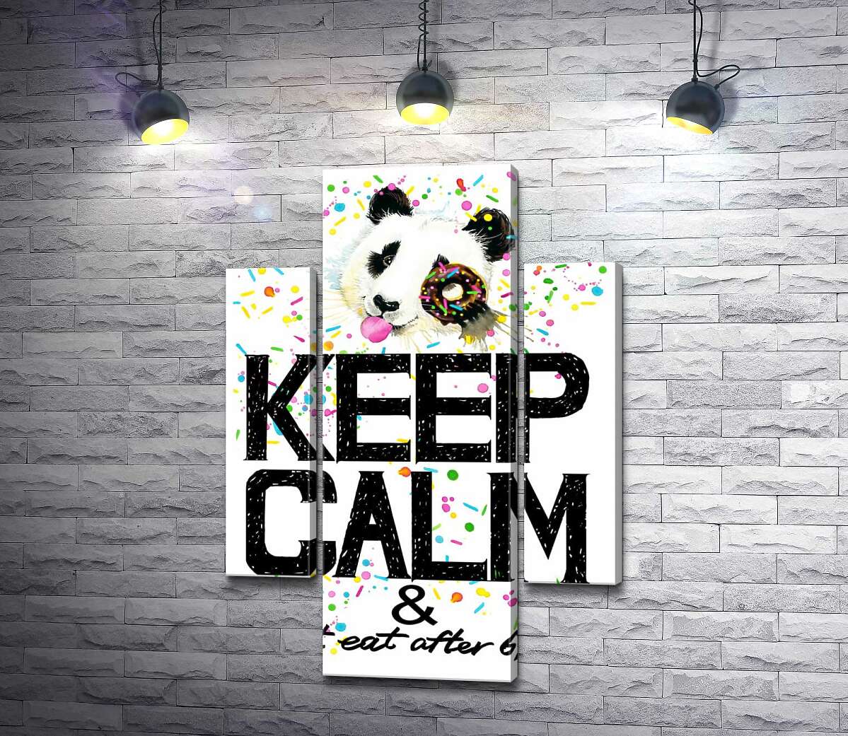 

Модульная картина ArtPoster Панда с мягким донатсом над надписью "keep calm and don't eat after 6 p.m." 100x148 см Модуль №7