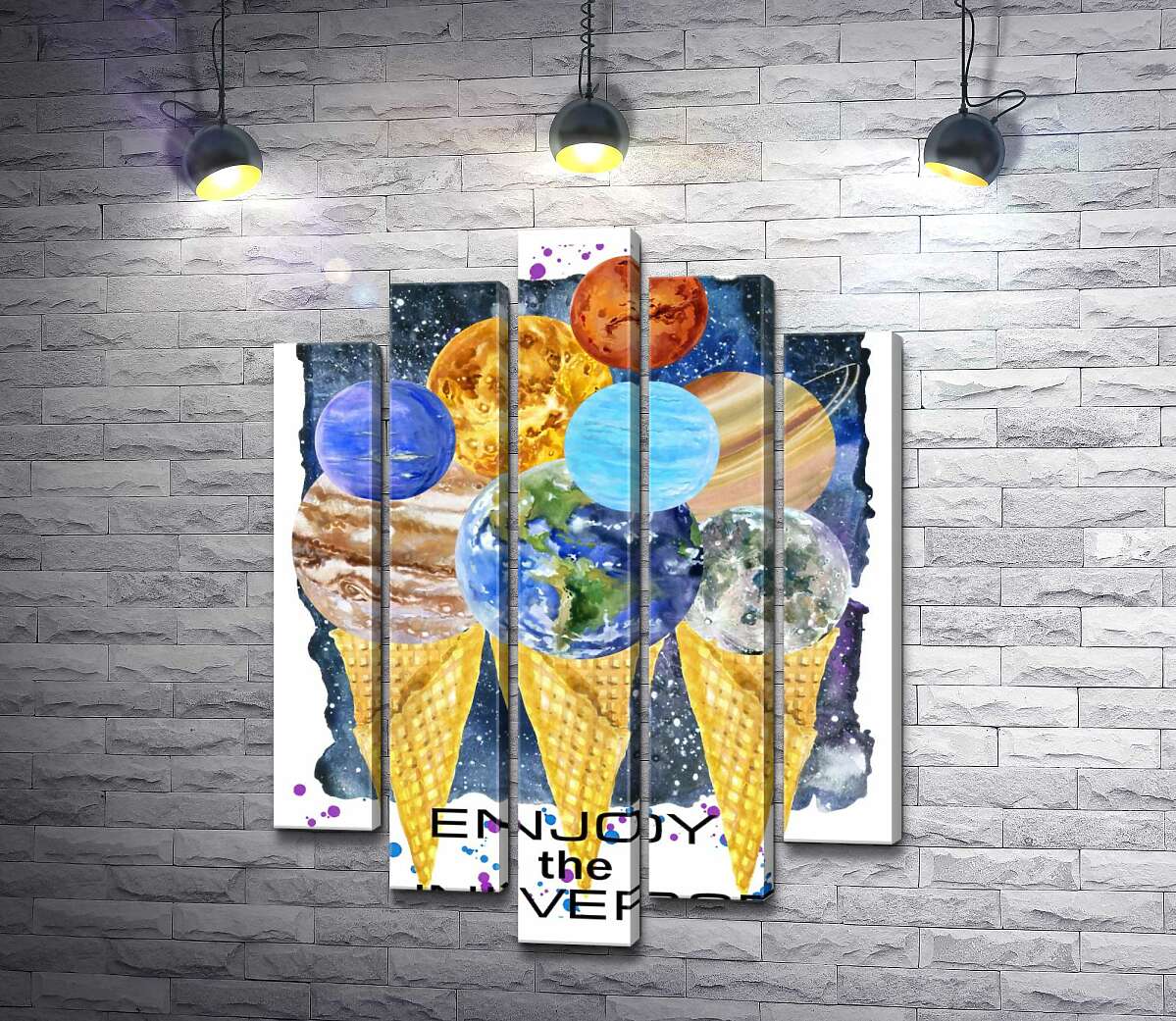 

Модульная картина ArtPoster Планеты Солнечной системы собрались на рожках мороженого с надписью "enjoy the universe" 100x137 см Модуль №26
