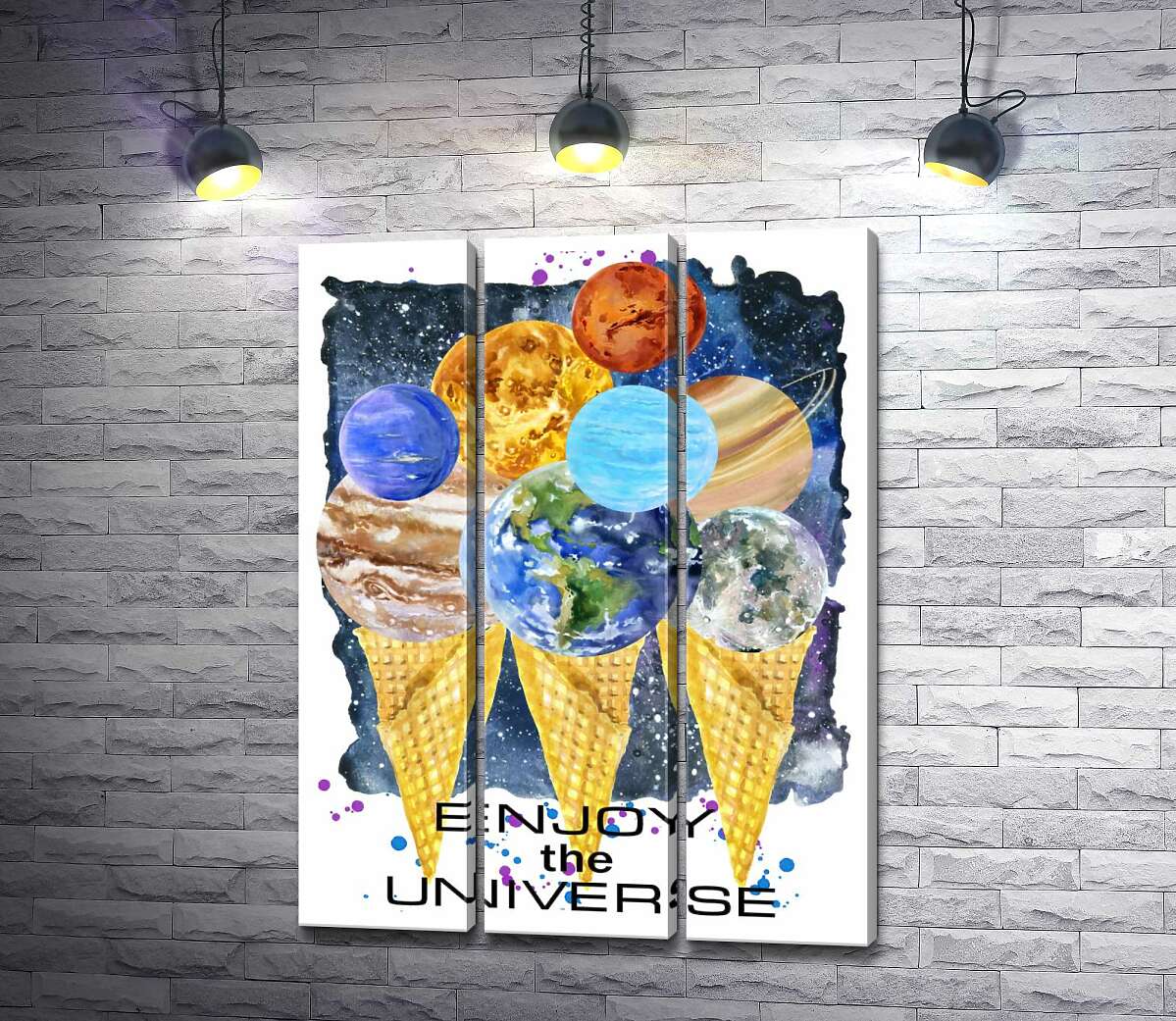 

Модульная картина ArtPoster Планеты Солнечной системы собрались на рожках мороженого с надписью "enjoy the universe" 132x177 см Модуль №11