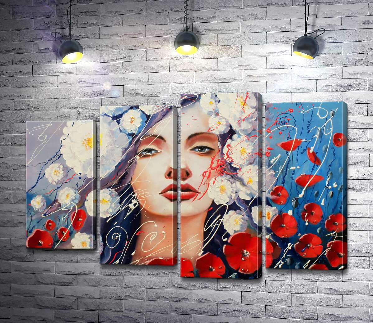 

Модульная картина ArtPoster Портрет девушки, украшенной белыми георгинами и красными маками 100x67 см Модуль №21