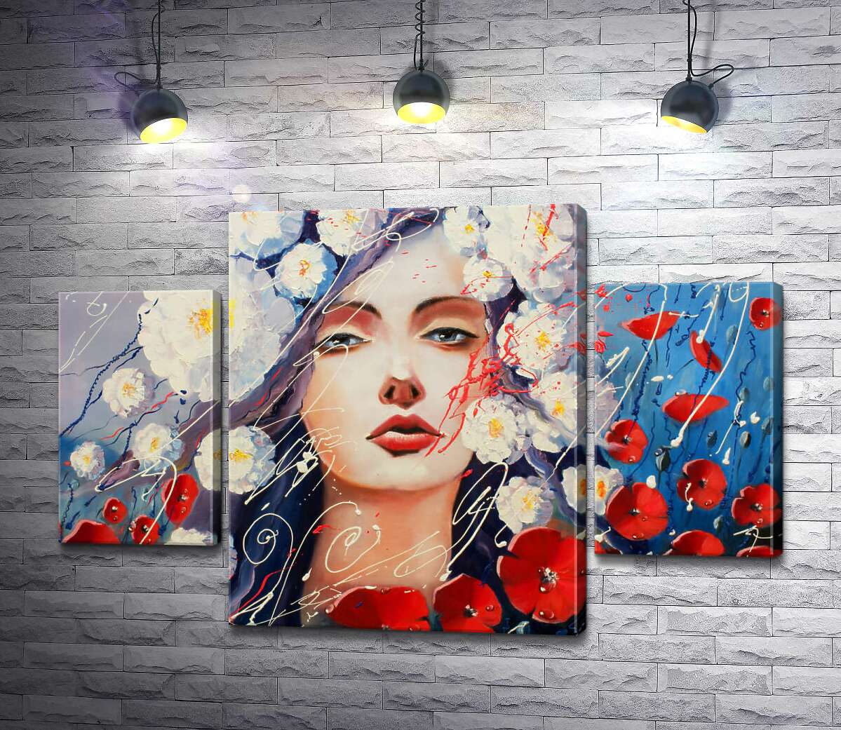 

Модульная картина ArtPoster Портрет девушки, украшенной белыми георгинами и красными маками 100x68 см Модуль №7