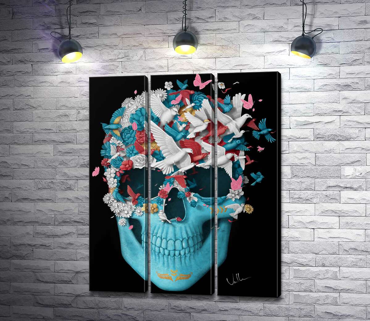 

Модульная картина ArtPoster Полет птиц сквозь цветочное поле на голубом черепе 102x129 см Модуль №11