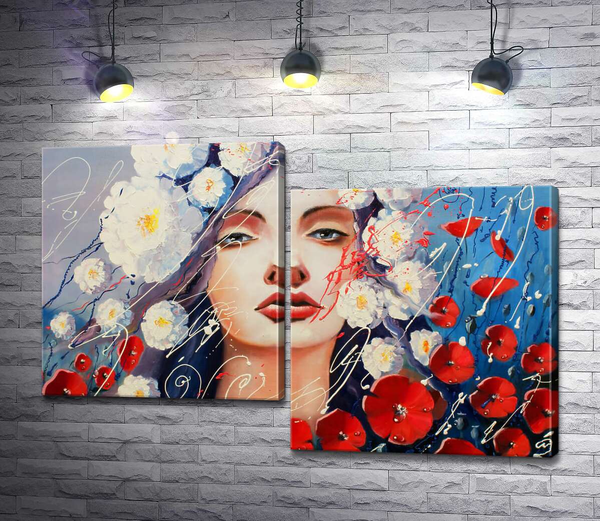 

Модульная картина ArtPoster Портрет девушки, украшенной белыми георгинами и красными маками 130x87 см Модуль №5