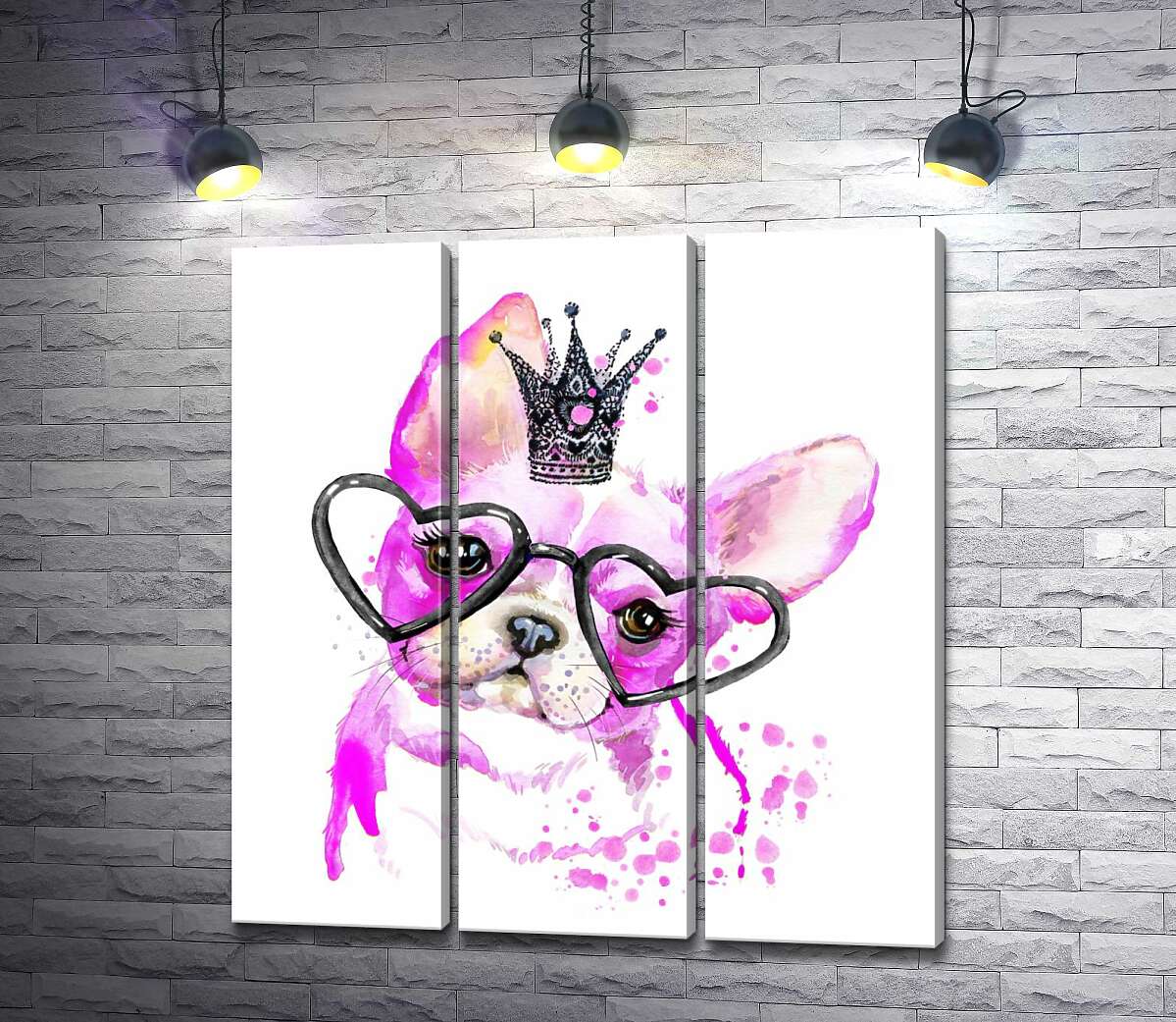 

Модульная картина ArtPoster Розовый французский бульдог с короной и очками 102x109 см Модуль №11